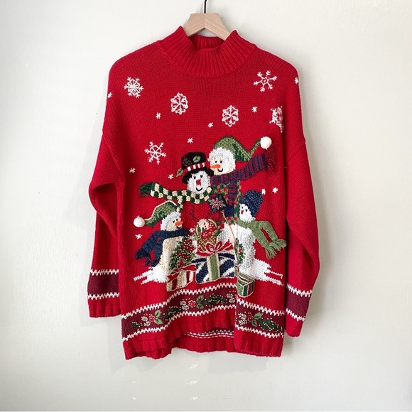 Vintage Embroidered Snowman Christmas Mock Neck 3D Knit Sweater Large - Picture 1 of 10